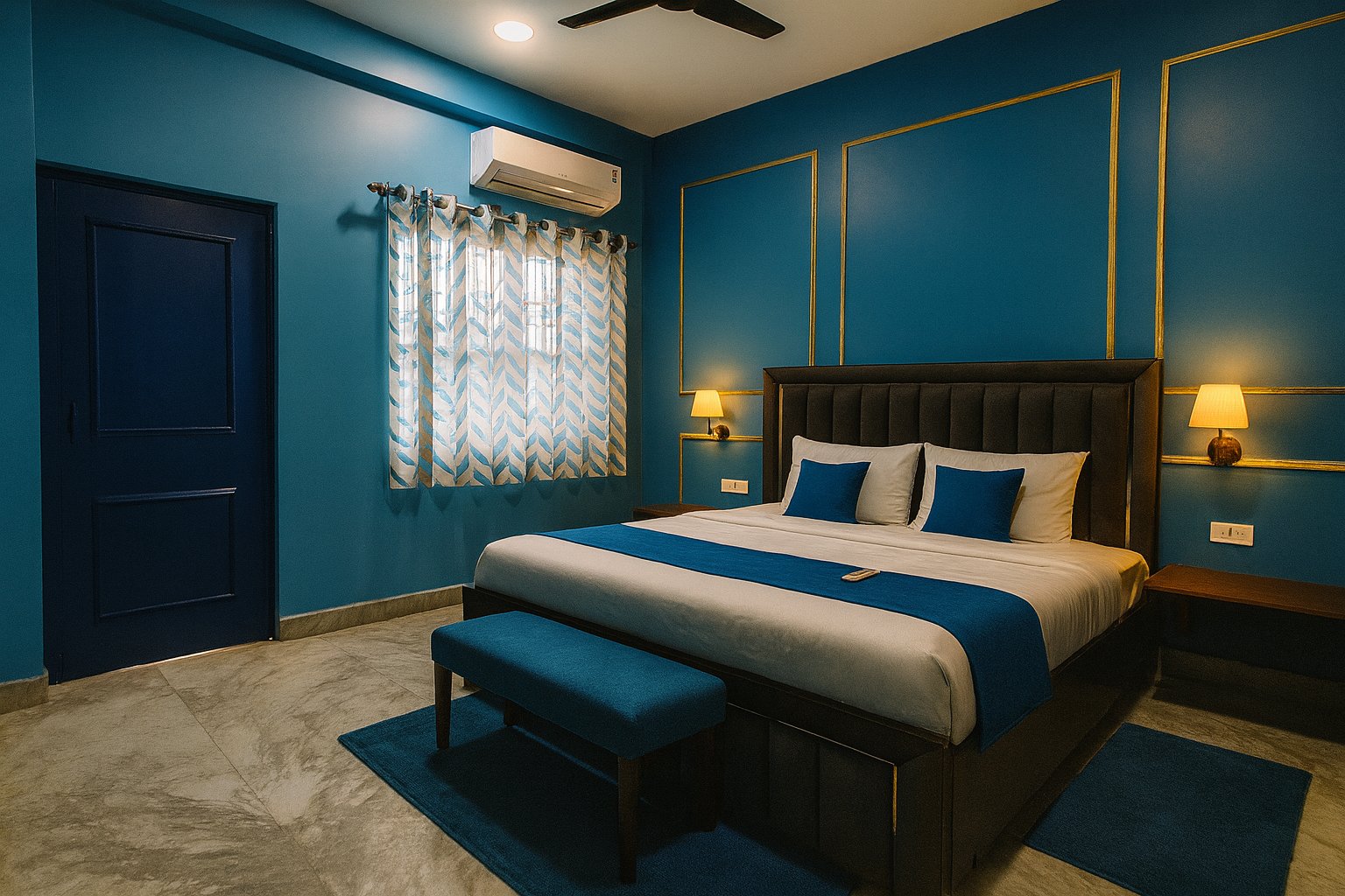 Boutique — blue and gold bedroom with statement walls
